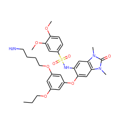 CCCOc1cc(OCCCCN)cc(Oc2cc3c(cc2NS(=O)(=O)c2ccc(OC)c(OC)c2)n(C)c(=O)n3C)c1 ZINC000653722047