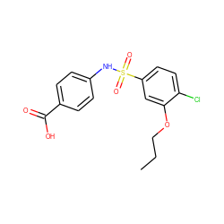 CCCOc1cc(S(=O)(=O)Nc2ccc(C(=O)O)cc2)ccc1Cl ZINC000028051460