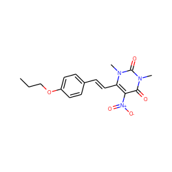 CCCOc1ccc(/C=C/c2c([N+](=O)[O-])c(=O)n(C)c(=O)n2C)cc1 ZINC000004754350