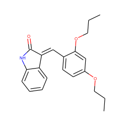 CCCOc1ccc(/C=C2/C(=O)Nc3ccccc32)c(OCCC)c1 ZINC000003369823