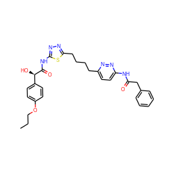 CCCOc1ccc([C@@H](O)C(=O)Nc2nnc(CCCCc3ccc(NC(=O)Cc4ccccc4)nn3)s2)cc1 ZINC000169698479