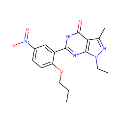 CCCOc1ccc([N+](=O)[O-])cc1-c1nc2c(c(C)nn2CC)c(=O)[nH]1 ZINC000013755572