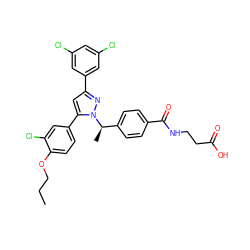 CCCOc1ccc(-c2cc(-c3cc(Cl)cc(Cl)c3)nn2[C@H](C)c2ccc(C(=O)NCCC(=O)O)cc2)cc1Cl ZINC000095117926