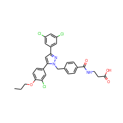 CCCOc1ccc(-c2cc(-c3cc(Cl)cc(Cl)c3)nn2Cc2ccc(C(=O)NCCC(=O)O)cc2)cc1Cl ZINC000095087837