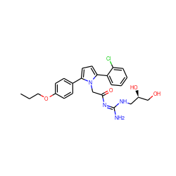 CCCOc1ccc(-c2ccc(-c3ccccc3Cl)n2CC(=O)/N=C(/N)NC[C@@H](O)CO)cc1 ZINC000029129186