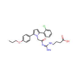 CCCOc1ccc(-c2ccc(-c3ccccc3Cl)n2CC(=O)/N=C(/N)NCCCC(=O)O)cc1 ZINC000029129233