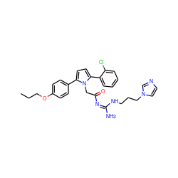 CCCOc1ccc(-c2ccc(-c3ccccc3Cl)n2CC(=O)/N=C(/N)NCCCn2ccnc2)cc1 ZINC000029130246