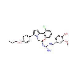 CCCOc1ccc(-c2ccc(-c3ccccc3Cl)n2CC(=O)/N=C(/N)NCc2ccc(O)c(OC)c2)cc1 ZINC000029130118