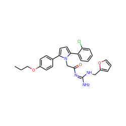 CCCOc1ccc(-c2ccc(-c3ccccc3Cl)n2CC(=O)/N=C(/N)NCc2ccco2)cc1 ZINC000029130189