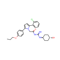 CCCOc1ccc(-c2ccc(-c3ccccc3Cl)n2CC(=O)NC(=N)N[C@H]2CC[C@H](O)CC2)cc1 ZINC000261163510