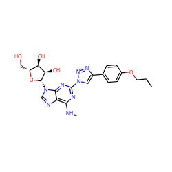 CCCOc1ccc(-c2cn(-c3nc(NC)c4ncn([C@@H]5O[C@H](CO)[C@@H](O)[C@H]5O)c4n3)nn2)cc1 ZINC000034800832