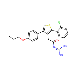 CCCOc1ccc(-c2csc(-c3ccccc3Cl)c2CC(=O)N=C(N)N)cc1 ZINC000028826084