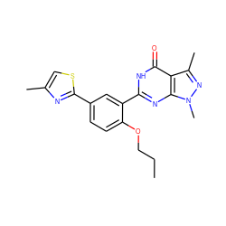 CCCOc1ccc(-c2nc(C)cs2)cc1-c1nc2c(c(C)nn2C)c(=O)[nH]1 ZINC000013755590