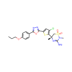 CCCOc1ccc(-c2nnc(-c3cc(Cl)c([C@]4(C)CS(=O)(=O)N(C)C(N)=N4)s3)o2)cc1 ZINC000208944828