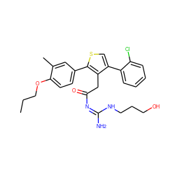 CCCOc1ccc(-c2scc(-c3ccccc3Cl)c2CC(=O)/N=C(/N)NCCCO)cc1C ZINC000028826086