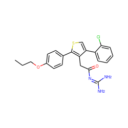 CCCOc1ccc(-c2scc(-c3ccccc3Cl)c2CC(=O)N=C(N)N)cc1 ZINC000028826083