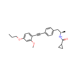 CCCOc1ccc(C#Cc2ccc(C[C@@H](C)NC(=O)C3CC3)cc2)c(OC)c1 ZINC000169706174