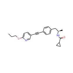 CCCOc1ccc(C#Cc2ccc(C[C@@H](C)NC(=O)C3CC3)cc2)cn1 ZINC000169706178