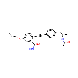 CCCOc1ccc(C#Cc2ccc(C[C@@H](C)NC(C)=O)cc2)c(C(N)=O)c1 ZINC000113411275