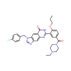 CCCOc1ccc(C(=O)N2CCN(CC)CC2)cc1-c1nc2cc3ncn(Cc4ccc(F)cc4)c3cc2c(=O)[nH]1 ZINC000027559061