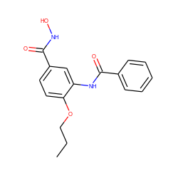 CCCOc1ccc(C(=O)NO)cc1NC(=O)c1ccccc1 ZINC000653847624