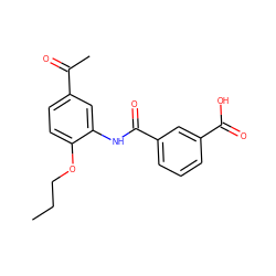 CCCOc1ccc(C(C)=O)cc1NC(=O)c1cccc(C(=O)O)c1 ZINC000653697675