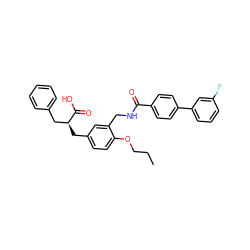 CCCOc1ccc(C[C@@H](Cc2ccccc2)C(=O)O)cc1CNC(=O)c1ccc(-c2cccc(F)c2)cc1 ZINC000096909574