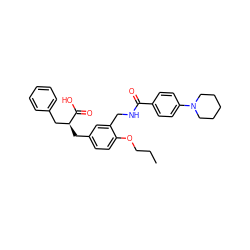 CCCOc1ccc(C[C@@H](Cc2ccccc2)C(=O)O)cc1CNC(=O)c1ccc(N2CCCCC2)cc1 ZINC000098208833