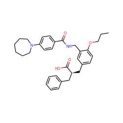 CCCOc1ccc(C[C@@H](Cc2ccccc2)C(=O)O)cc1CNC(=O)c1ccc(N2CCCCCC2)cc1 ZINC000299832996