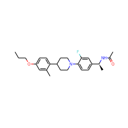 CCCOc1ccc(C2CCN(c3ccc([C@H](C)NC(C)=O)cc3F)CC2)c(C)c1 ZINC000207540069