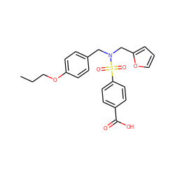 CCCOc1ccc(CN(Cc2ccco2)S(=O)(=O)c2ccc(C(=O)O)cc2)cc1 ZINC000059083656