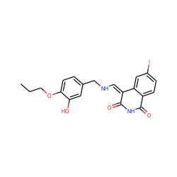 CCCOc1ccc(CN/C=C2\C(=O)NC(=O)c3ccc(I)cc32)cc1O ZINC000040918350