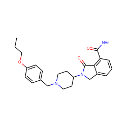 CCCOc1ccc(CN2CCC(N3Cc4cccc(C(N)=O)c4C3=O)CC2)cc1 ZINC000117372083