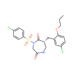 CCCOc1ccc(Cl)cc1C[C@@H]1CNC(=O)CN(S(=O)(=O)c2ccc(Cl)cc2)C1=O ZINC000028894319