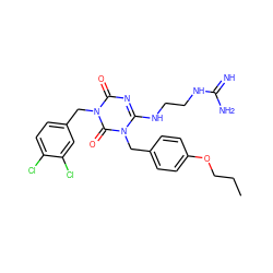 CCCOc1ccc(Cn2c(NCCNC(=N)N)nc(=O)n(Cc3ccc(Cl)c(Cl)c3)c2=O)cc1 ZINC000101272173