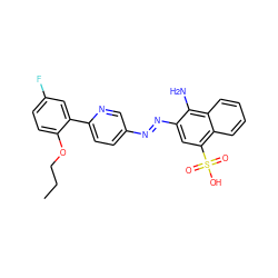 CCCOc1ccc(F)cc1-c1ccc(/N=N/c2cc(S(=O)(=O)O)c3ccccc3c2N)cn1 ZINC000201506718