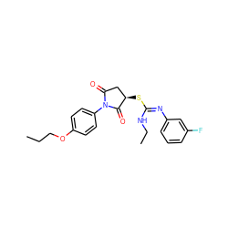 CCCOc1ccc(N2C(=O)C[C@@H](S/C(=N/c3cccc(F)c3)NCC)C2=O)cc1 ZINC000013144078