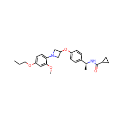 CCCOc1ccc(N2CC(Oc3ccc([C@H](C)NC(=O)C4CC4)cc3)C2)c(OC)c1 ZINC000169694406