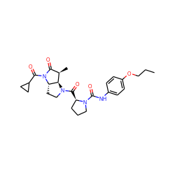 CCCOc1ccc(NC(=O)N2CCC[C@H]2C(=O)N2CC[C@H]3[C@H]2[C@H](C)C(=O)N3C(=O)C2CC2)cc1 ZINC000013527858