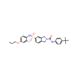 CCCOc1ccc(NS(=O)(=O)c2ccc3c(c2)CN(C(=O)Nc2ccc(C(C)(C)C)cc2)C3)c(F)c1 ZINC000224840089