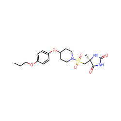 CCCOc1ccc(OC2CCN(S(=O)(=O)C[C@@]3(C)NC(=O)NC3=O)CC2)cc1 ZINC000096273627