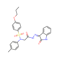 CCCOc1ccc(S(=O)(=O)N(CC(=O)N/N=C2\C(=O)Nc3ccccc32)c2ccc(C)cc2)cc1 ZINC000013677360