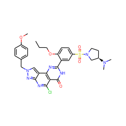 CCCOc1ccc(S(=O)(=O)N2CC[C@@H](N(C)C)C2)cc1-c1nc2c(c(Cl)nc3nn(Cc4ccc(OC)cc4)cc32)c(=O)[nH]1 ZINC000026496072