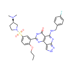 CCCOc1ccc(S(=O)(=O)N2CC[C@@H](N(C)C)C2)cc1-c1nc2c(c(NCc3ccc(F)cc3)nc3n[nH]cc32)c(=O)[nH]1 ZINC000004633217