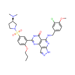 CCCOc1ccc(S(=O)(=O)N2CC[C@@H](N(C)C)C2)cc1-c1nc2c(c(NCc3ccc(OC)c(Cl)c3)nc3[nH]ncc32)c(=O)[nH]1 ZINC000026489498