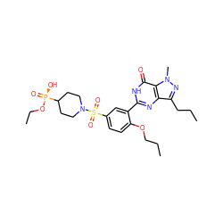 CCCOc1ccc(S(=O)(=O)N2CCC([P@](=O)(O)OCC)CC2)cc1-c1nc2c(CCC)nn(C)c2c(=O)[nH]1 ZINC000026183783