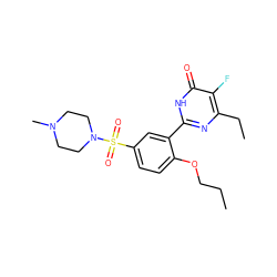 CCCOc1ccc(S(=O)(=O)N2CCN(C)CC2)cc1-c1nc(CC)c(F)c(=O)[nH]1 ZINC000073159181