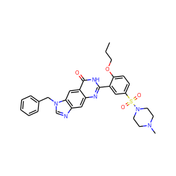 CCCOc1ccc(S(=O)(=O)N2CCN(C)CC2)cc1-c1nc2cc3ncn(Cc4ccccc4)c3cc2c(=O)[nH]1 ZINC000028258018