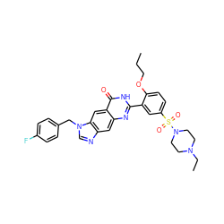 CCCOc1ccc(S(=O)(=O)N2CCN(CC)CC2)cc1-c1nc2cc3ncn(Cc4ccc(F)cc4)c3cc2c(=O)[nH]1 ZINC000027556437