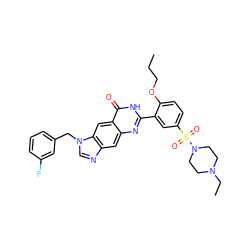 CCCOc1ccc(S(=O)(=O)N2CCN(CC)CC2)cc1-c1nc2cc3ncn(Cc4cccc(F)c4)c3cc2c(=O)[nH]1 ZINC000027557794